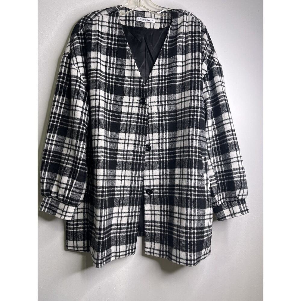 Lollo Vita Lined Button up Blazer Jacket Shacket Large Black Plaid Pockets